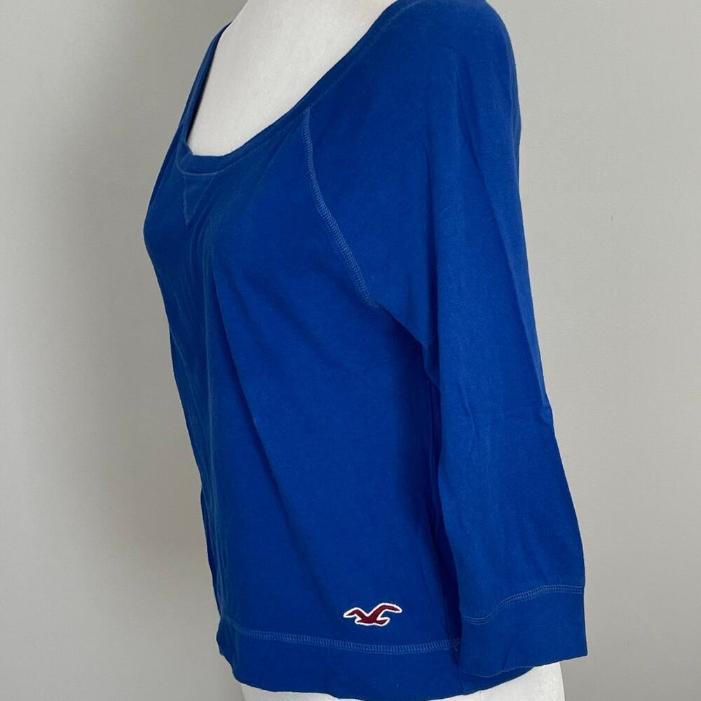 Hollister Vintage Y2k Solid Blue 3/4 Sleeve Top Sz S Embroidered Seagull Logo